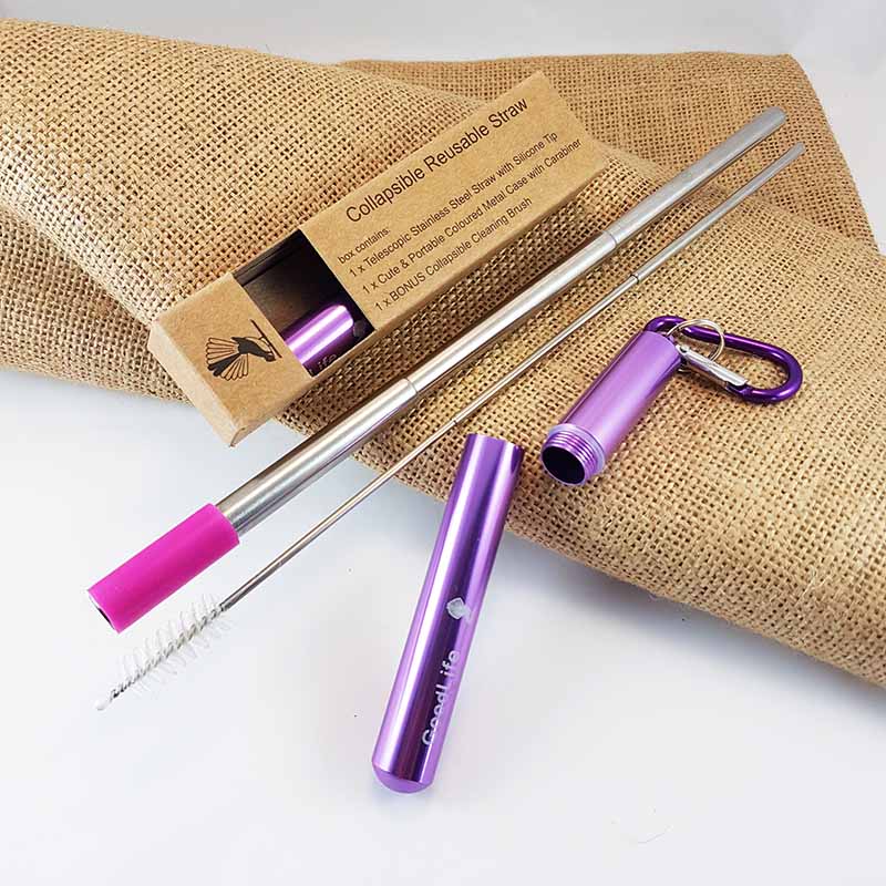 Straw Kit, Collapsible Reusable - Purple