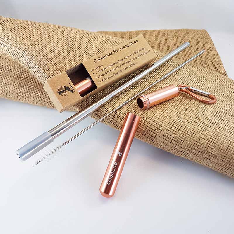 Straw Kit, Collapsible Reusable - Rose Gold